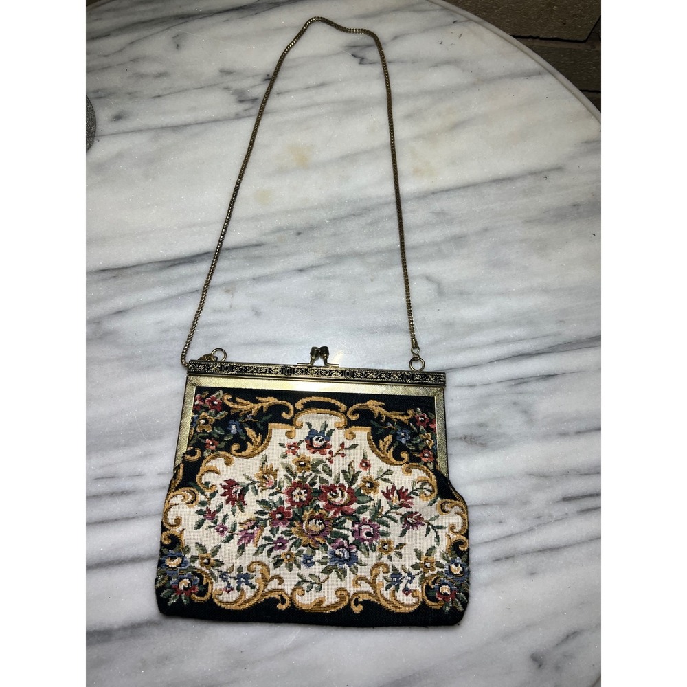Vintage Floral Needlepoint Tapestry Evening Bag Gold Frame Kiss Lock Made in HK
